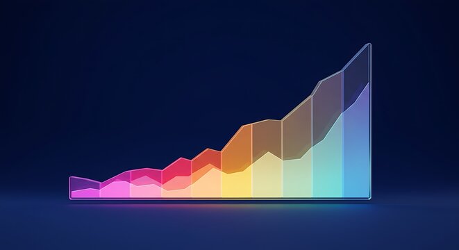 Vibrant 3D financial growth chart with rainbow gradient, symbolizing success and positive trends in a modern abstract style.