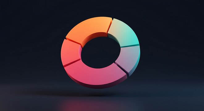 Vibrant 3D pie chart with gradient colors in a dark studio, perfect for business analytics and data visualization projects.