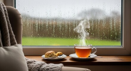 Cozy scene of tea and cookies by a window on a rainy day indoors