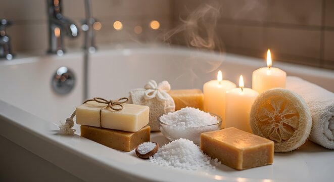 Unwind with luxurious spa essentials, including aromatic soaps, soothing bath salts, and calming candles beside a steaming bathtub for ultimate relaxation.