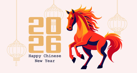 Happy Chinese New Year 2026 card with fire horse and asian lanterns. Banner, festive illustration.
