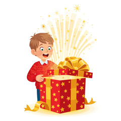 Excited boy opening red gift box with golden bow and sparkles  