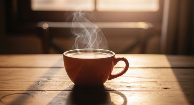 Aromatic coffee in a red mug on a wooden table with sunlight shining through - Powered by Adobe