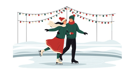 Young couple skating joyfully on ice rink decorated for winter  