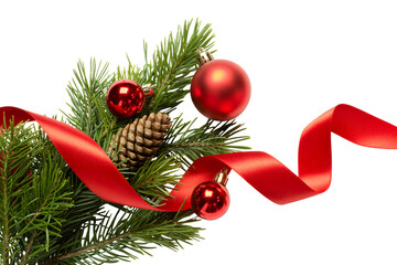Festive Christmas decor with red ornaments, pine needles, ribbon, and pinecone creating a joyful holiday atmosphere for seasonal celebrations