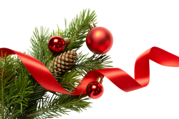 Festive Christmas decor with red ornaments, pine needles, ribbon, and pinecone creating a joyful holiday atmosphere for seasonal celebrations