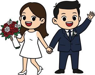 Cartoon wedding couple illustration, bride and groom artwork, marriage celebration scene, romantic love drawing, happy characters, cad drawing flat vector illustration