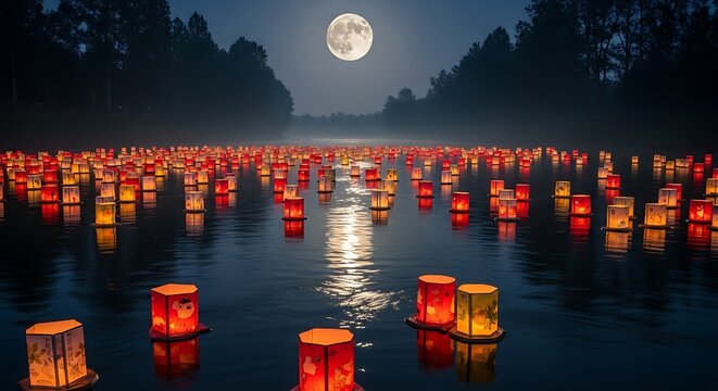 Floating Lanterns on Lake Under Full Moon
