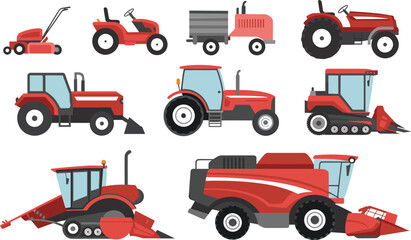 Modern red agricultural machinery vector set with tractors, mower, trailer, tracked harvester and combine for farming, crop cultivation, agribusiness design and agriculture infographic assets