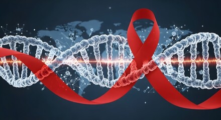 Red ribbon entwined with dna helix representing global health awareness