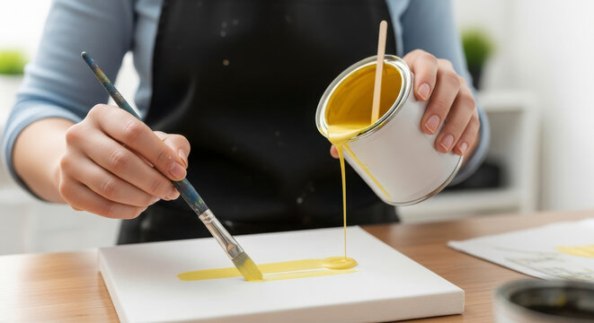 Creative Painting Process with Yellow Paint and Brush - Powered by Adobe
