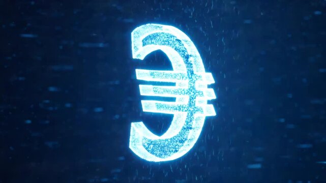 Glowing euro currency symbol against a dark blue background with light streaks - Powered by Adobe