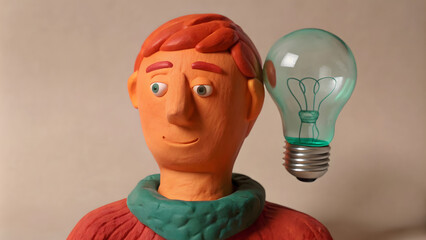 Clay figure of a man with a glowing light bulb above his head, symbolizing a bright idea or creative thinking.