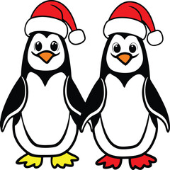 Fototapeta premium Two Cartoon Penguins Wearing Santa Hats christmas holiday