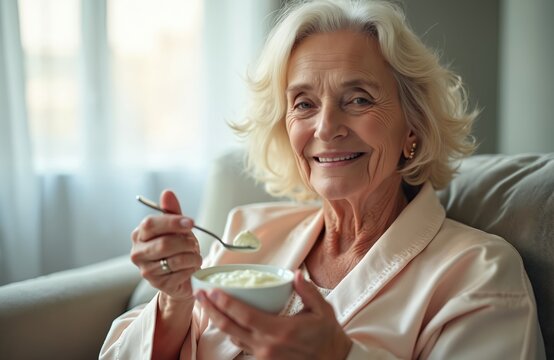 Smiling senior woman eats yogurt with spoon from bowl. She enjoys healthy meal on couch at home. Elderly female has white hair, looks happy, healthy, content.