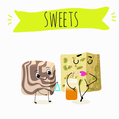 Funny Characters Turkish Halva confection, cubes with pistachio nut, layered chocolate tahini oriental dessert, hand drawn vector illustration.