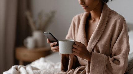 Woman in beige robe holding white mug and smartphone, sitting on bed in softly lit room with wooden side table and dried flowers in background. Concept of morning leisure and digital routine