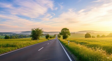 Fototapeta premium Scenic road through countryside with fields and trees at sunrise