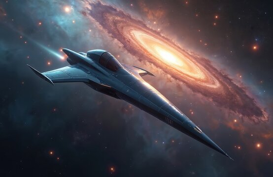 Sleek futuristic spacecraft flies through starry cosmos. Distant galaxy and colorful nebula glow behind the vessel. Outer space exploration and sci-fi adventure.