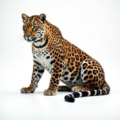 Fototapeta premium Wild leopard sits isolated on clean white background. Spotted fur, strong paws, alert green eyes prominent. Big cat, dangerous predator, calmly watches surroundings. Embodies natural beauty, power of