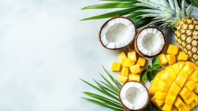 Tropical fruit assortment: A vibrant selection of tropical fruits, like mango, pineapple, coconut and more, arranged artfully with palm fronds.