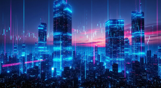 Futuristic Skyline, Night City, Data, technology, neon
