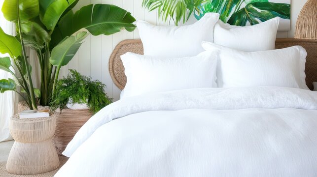 Serene Bedroom: A cozy bedroom offers a minimalist design with crisp white bedding. Lush greenery and natural wood accents complement the tranquil ambiance.