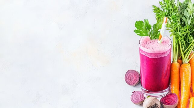 Vibrant Beetroot Juice and Fresh Vegetables: A glass of refreshing beetroot juice sits alongside fresh carrots and beets, epitomizing the purity and vitality of organic nourishment. 