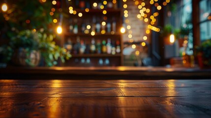 Cozy bar interior with warm wooden bar counter and blurred festive lights creating an inviting evening atmosphere of relaxation and comfort