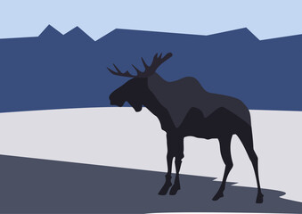 Vector illustration of moose on the background of the mountain landscape.