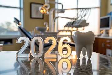 Golden dental 2026 concept with tooth and modern dentist office interior background