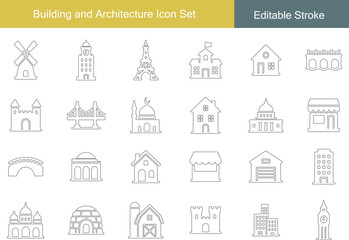 Building and Architecture Icon Set | House, Castle, Bridge, Church, Windmill, Monument, Garage, Shop, Skyscraper Line Icons