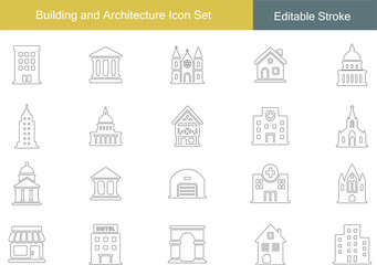 Building and Architecture Icon Set | House, Hospital, Church, Bank, Hotel, Government, Monument, Shop, City Outline Icons