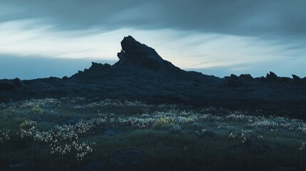 The dark silhouette of windswept tundra with jagged rock textures and low plants