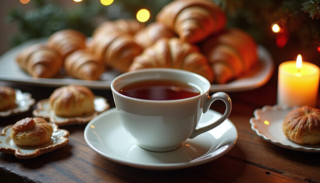 Cup of tea on wooden table with croissants, cookies, and candle light, cozy holiday breakfast scene with warm festive atmosphere and soft bokeh background