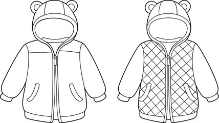 Children hooded jacket vector, baby hoodie CAD drawing, bear ear hood, quilted kids outerwear design, clothing template, flat vector illustration