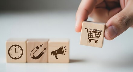 Hand placing a wooden block with ecommerce shopping cart icon to complete a sequence of business growth concepts