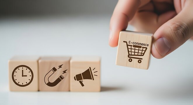 Hand placing a wooden block with ecommerce shopping cart icon to complete a sequence of business growth concepts