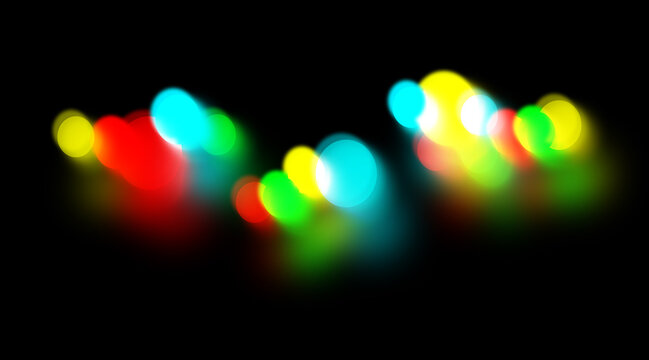 Horizontal colorful bokeh light effect with circular blurs and motion trails on a black background.