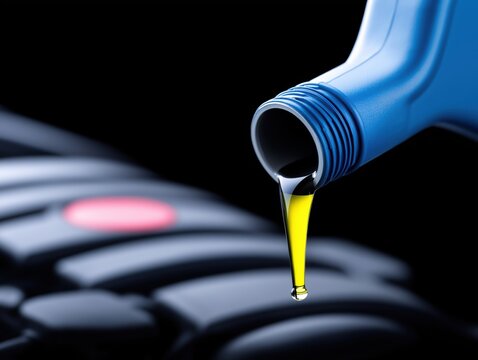 Close-up of blue oil bottle pouring golden liquid onto black surface, showcasing the viscosity and texture of automotive oil in a dramatic lighting setup for product display
