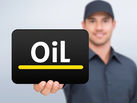 Male automotive technician holding a black sign with the word "Oil" in bold letters, showcasing essential automotive maintenance knowledge and expertise in a professional setting