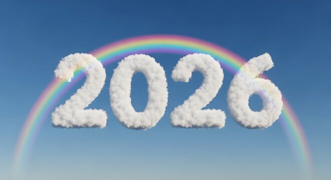 The year 2026 written in clouds with a rainbow against a blue sky - Powered by Adobe
