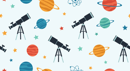 A seamless pattern of telescopes, planets, stars, and an atom symbol on a light blue background, representing astronomy and science.
