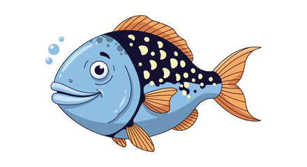 Fototapeta premium A friendly, smiling cartoon fish with blue scales, orange fins, and a spotted dark blue back, playfully blowing bubbles.