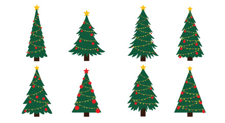 Obraz premium Eight diverse Christmas trees, beautifully adorned with golden stars, red baubles, and twinkling lights, perfect for festive holiday designs.