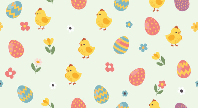 Adorable seamless Easter pattern featuring happy yellow chicks, colorful decorated eggs, and delicate spring flowers on a pastel green background. - Powered by Adobe