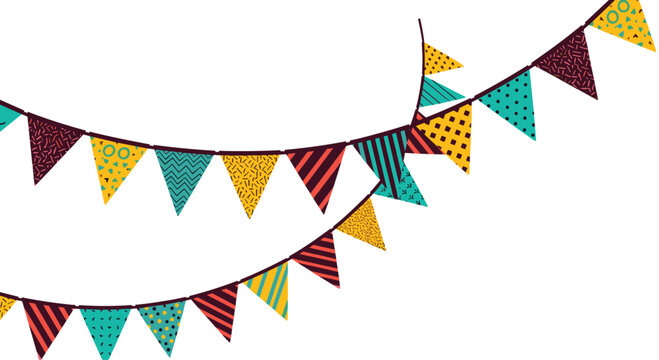 Vibrant party bunting featuring an array of colorful flags with diverse patterns, gracefully strung across a clean white background.