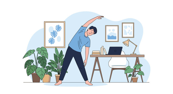 A smiling young man in a home office doing a side bend stretch to take a break from work and maintain his physical well-being. - Powered by Adobe