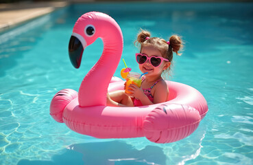 Little girl enjoys summer fun in pool. Child wears sunglasses floats on flamingo inflatable ring. Happy kid drinks cocktail. Summer vacation at resort. Travel and holiday concept.