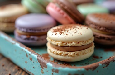 Collection of colorful french macarons arranged on a rustic tray. Light and airy cookie shells sandwich a rich chocolate filling, dusted with cocoa powder.